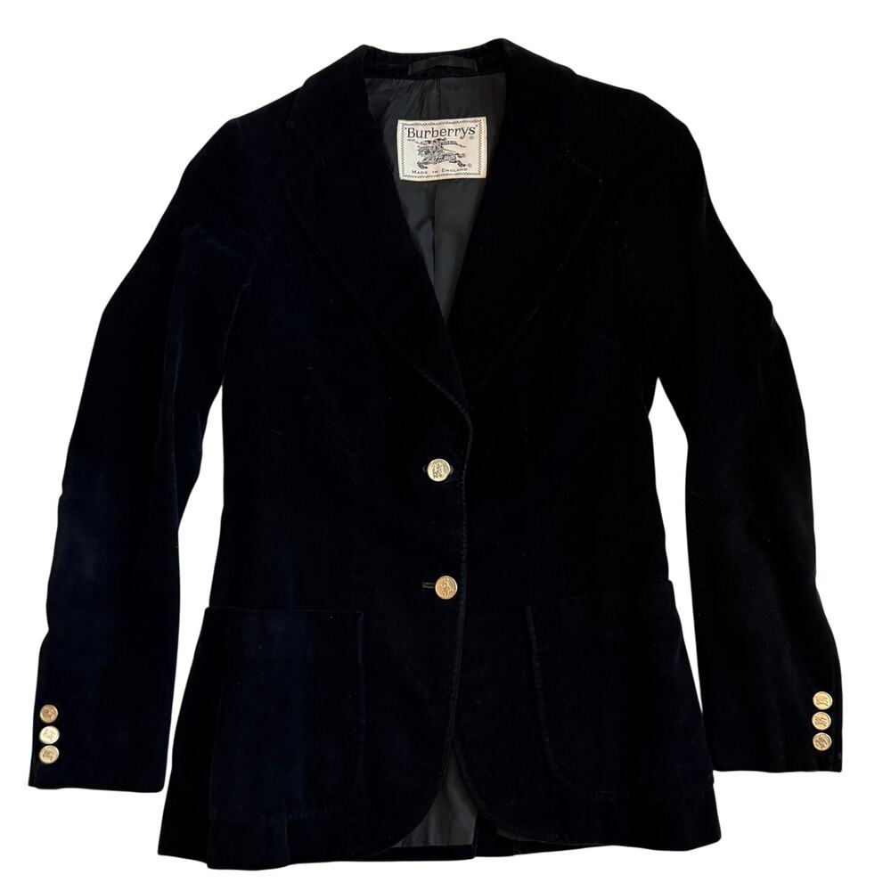 Vintage Burberrys London Black Velvet Blazer with Gold Equestrian Buttons XS
